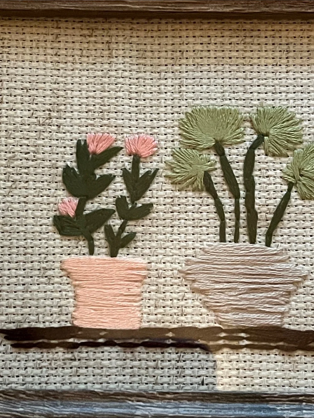 Rustic Brown Framed Embroidered Plant Art - Brown